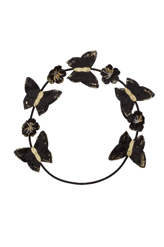 vintage-inspired velvet hairbands for classic styles -Butterfly Hair Wrap Wreath - Black