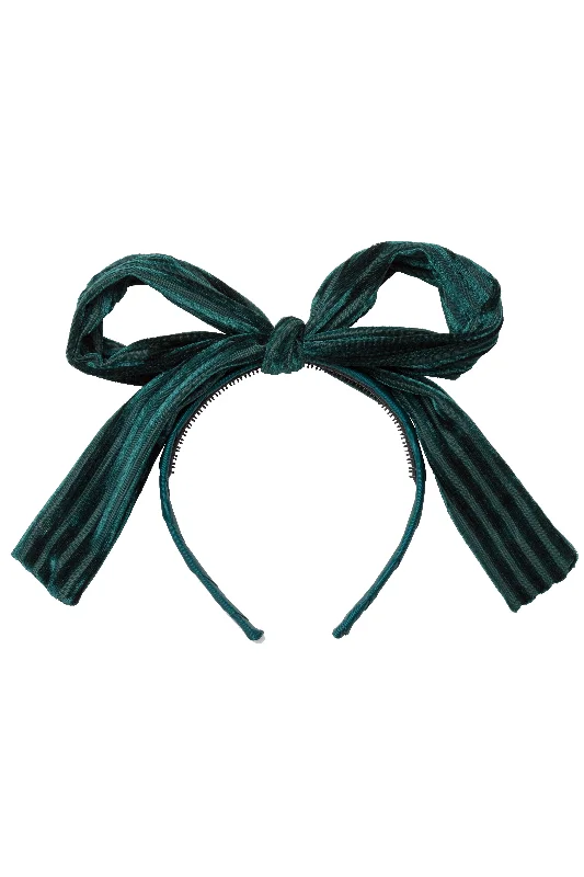 elegant pearl hairbands for vintage wedding styles -Party Bow Headband - Hunter Green Velvet Stripe