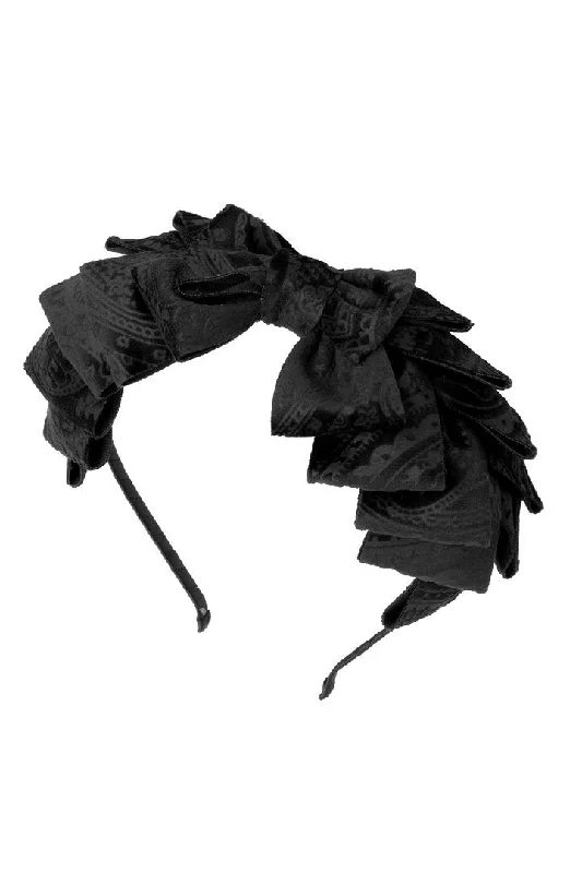 handmade velvet hairpins for creative styles -Pleated Ribbon Headband - Black Paisley Suede