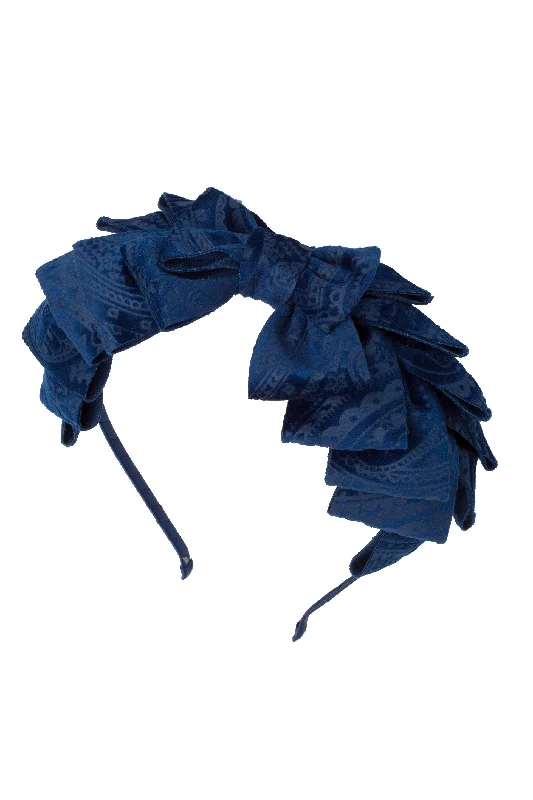 oversized velvet hairbands for stylish wedding looks -Pleated Ribbon Headband - Navy Paisley Suede