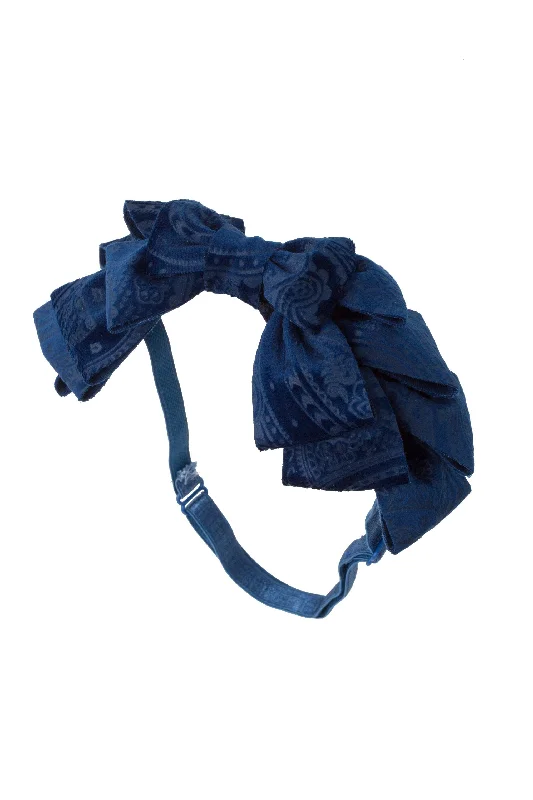 sparkling crystal hairbands for evening events -Pleated Ribbon Wrap - Navy Paisley Suede