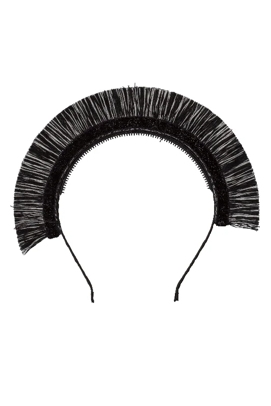 sparkling rhinestone hairbands for evening glamour -Static Fringe Headband - Black & White Fringe/Black Glitter