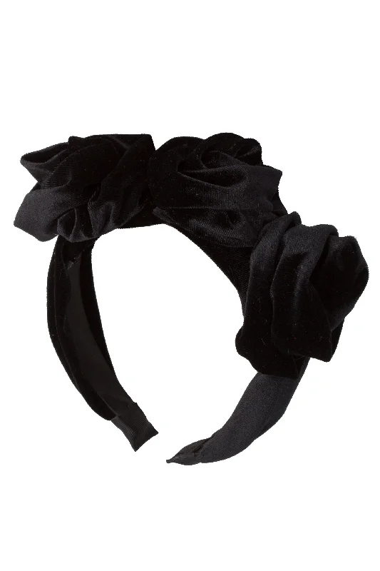 oversized flower hairpins for bridal accessories -Triple Rose Garden Headband - Black Velvet