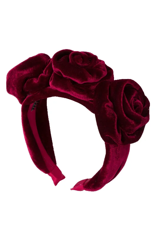 luxurious crystal hairbands for wedding events -Triple Rose Garden Headband - Burgundy Velvet