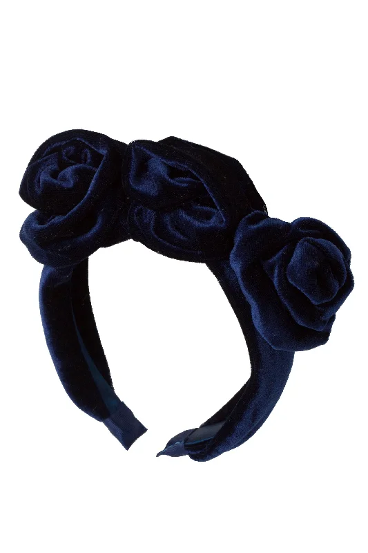 elegant rhinestone hairbands for wedding day -Triple Rose Garden Headband - Navy Velvet