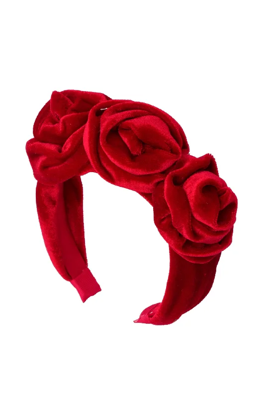 oversized velvet hairpins for bold bridal looks -Triple Rose Garden Headband - Red Velvet