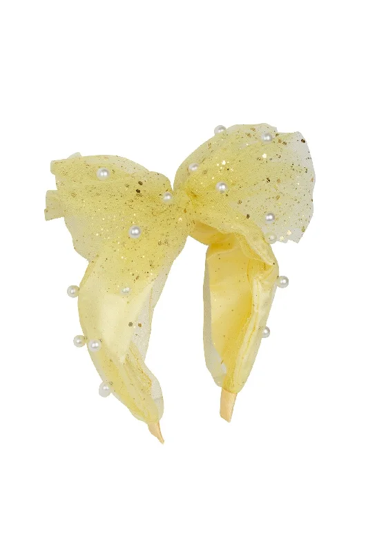 glamorous velvet hairpins for evening events -Tulle Pearl Headband - Yellow