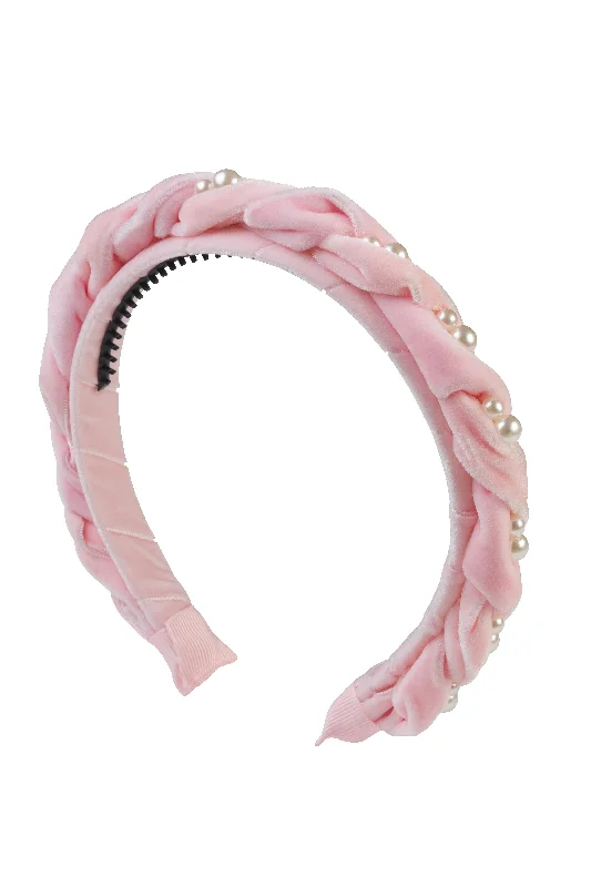 luxurious rhinestone hairbands for bridal looks -Twisted Pearl Velvet Headband - Baby Pink