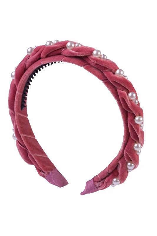 handmade flower hairbands for boho styles -Twisted Pearl Velvet Headband - Raspberry