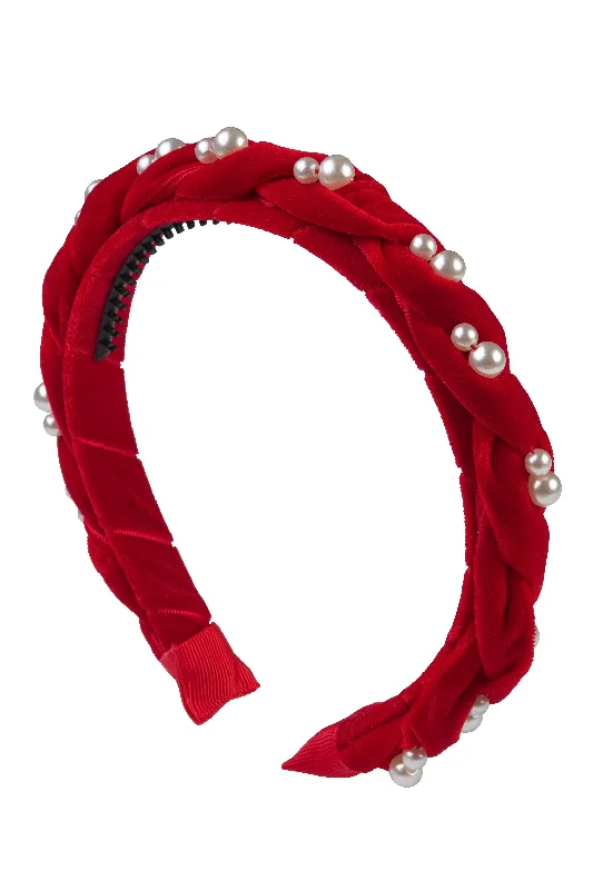 oversized flower hairpins for bold, elegant styles -Twisted Pearl Velvet Headband - Red