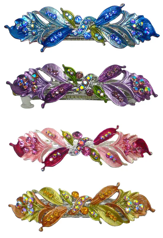 trendy flower hairbands for kids’ parties -Bella Crystal Flower and Ribbon Barrette Metal French Clip Hair Clip  #YY86800-3