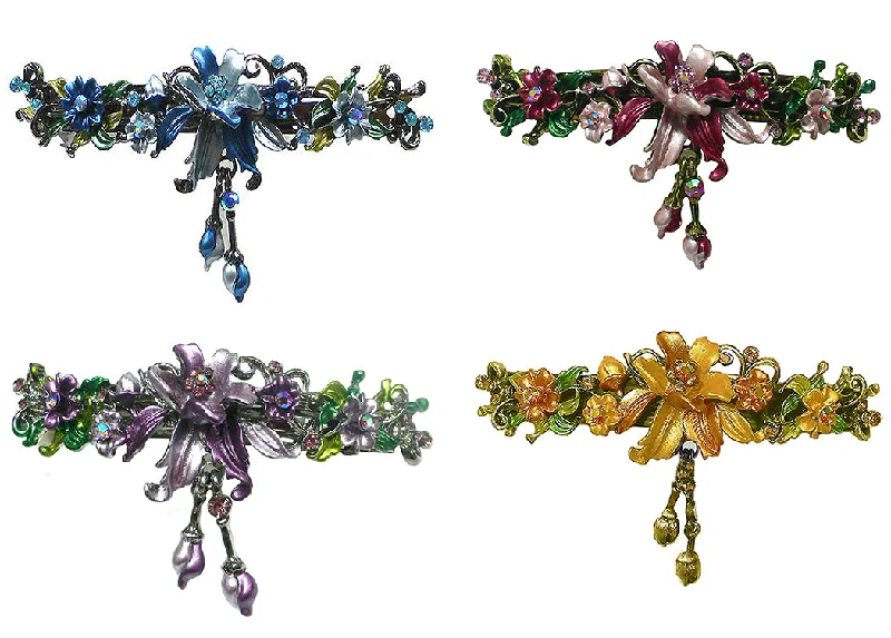 stylish crystal hairbands for evening events -Bella Large Crystal Flower Barrette with Hanging Ornament #YY86010-3 and -4