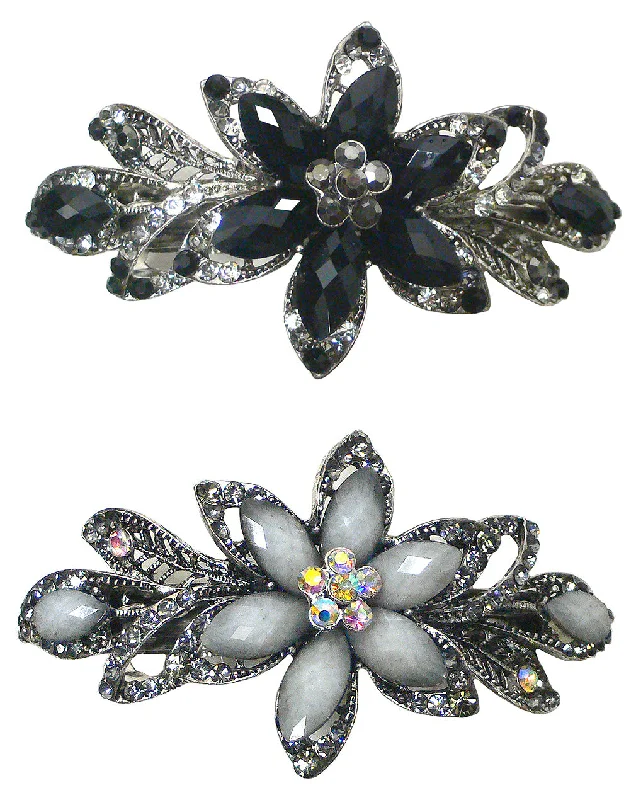 glamorous velvet hairpins for evening events -Bella Large Flower Barrette Sparkly Crystals French Clasp Thick Hair Hairclip U86012-0014