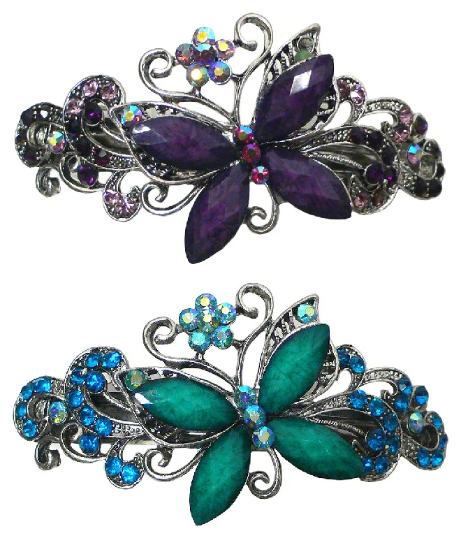 luxury satin hairbands for polished wedding looks -Bella Set of 2 Large Butterfly Barrettes Sparkly Crystals French Clasp U86800-0053-2