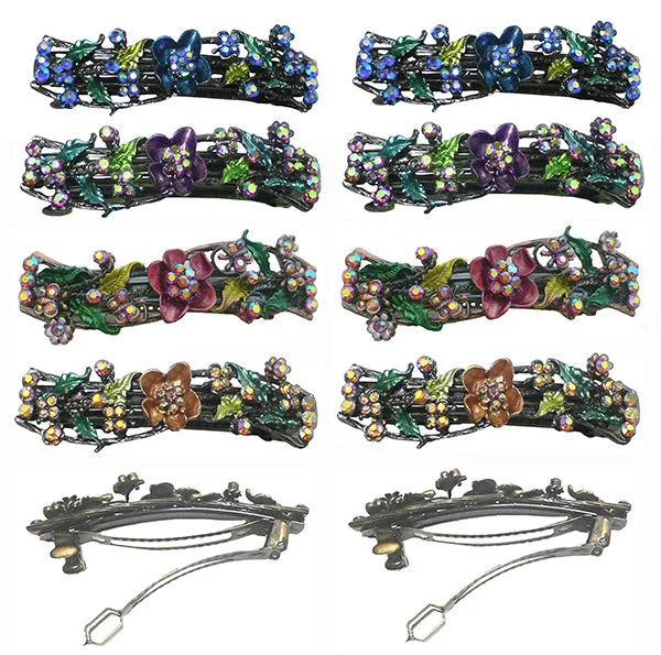 vintage-inspired velvet hairpins for classic looks -Bella Set of 8 - 8 Count - Crystal Flower Barrettes French Clasp YY86900-2-8