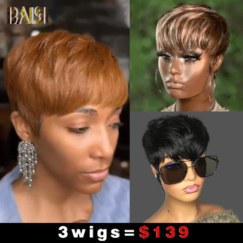 glueless wigs for hassle-free application -Baisi 1 #30 Machine Made Wig+1 Mix Color Machine Made Wig+1 Black Machine Wig=$139