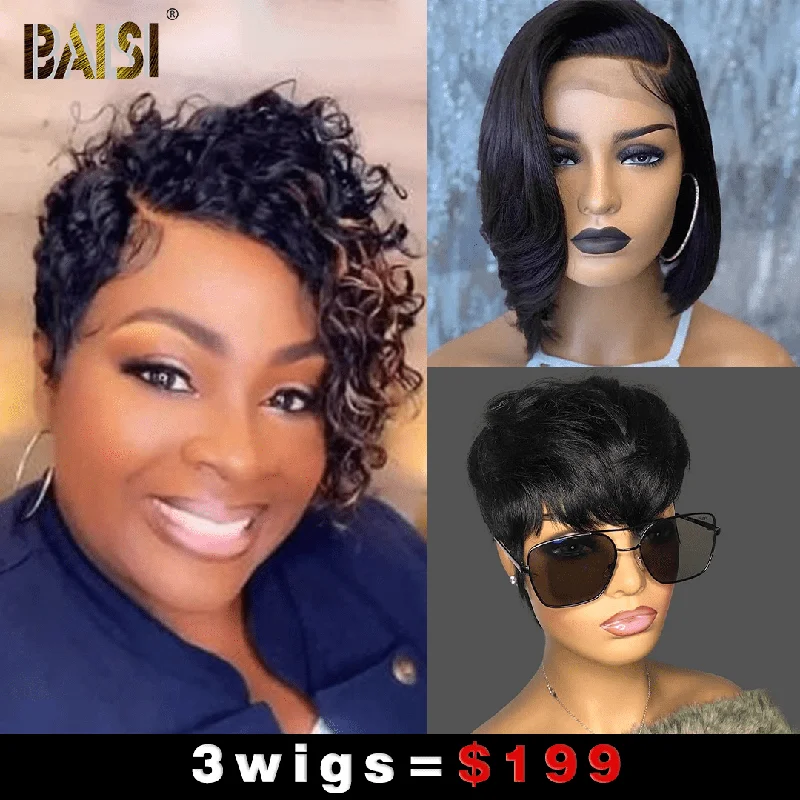 stylish wigs for all-day comfort and chic looks -Baisi 1  Curly Highlight Wig+1 Straight BoB Wig+1 Machine Made Wig=$199