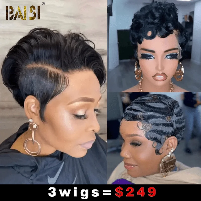 medium-length straight wigs for chic, low-maintenance styles -Baisi 1 Full Lace Wig+1 Finger Wave Wig+1 Machince Made Wig=$249