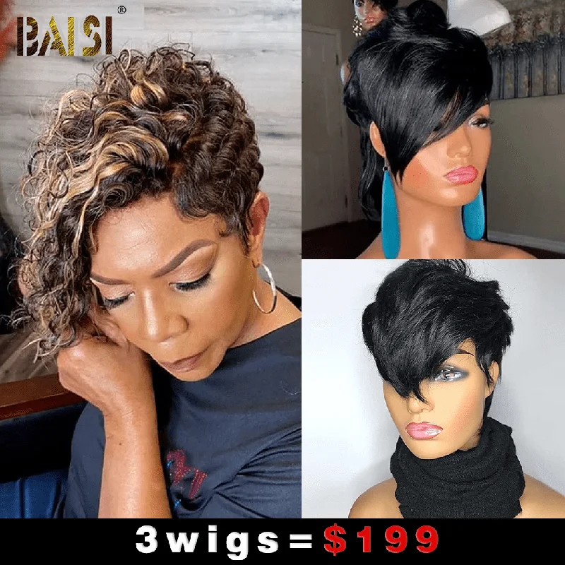 wigs for women with fine hair to add volume -Baisi 1 Highlight Curly Wig+1 Mullet Wig+1 Machine Made Wig = $199