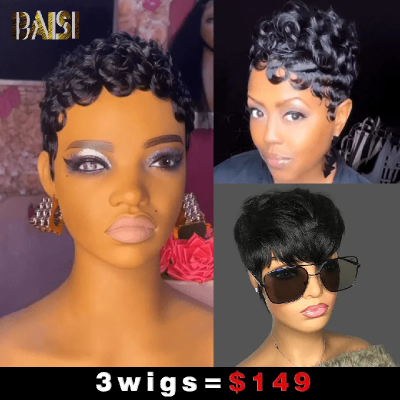 high-quality synthetic wigs for everyday use -Baisi 1 Machine Made Finger Wave+1 Lace Finger Wave Wig +1 Black Mahcine wig=$149