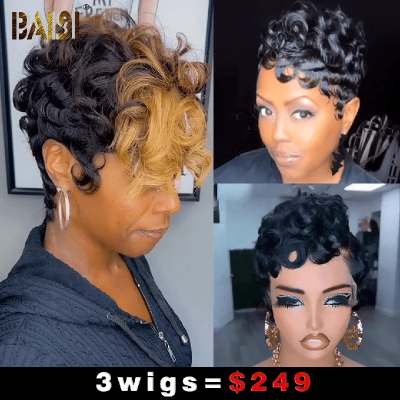 comfortable lace wigs for sensitive scalps -Baisi 1 Pixie Highlight Wave+1Silke Finger Wave Wig+1 Pixie WaveWig=$249