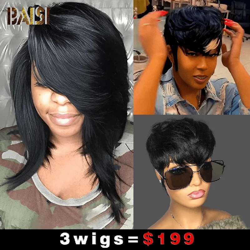 voluminous lace front wigs for dramatic effect -Baisi 1 Sexy BoB Wig+1 Highlight Mullet Wig+1 Machine Made Wig=$199