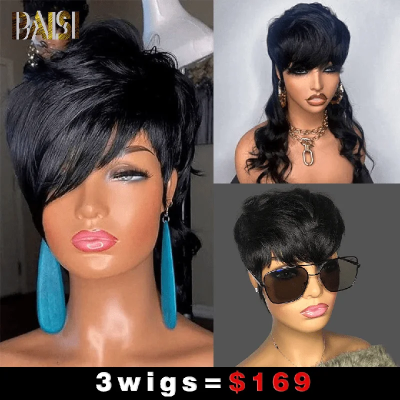 voluminous short wigs for easy and chic hairstyles -Baisi 1 Side Part Mullet Wig+1 Mullet Wig+1 Black Mahcine wig=$169