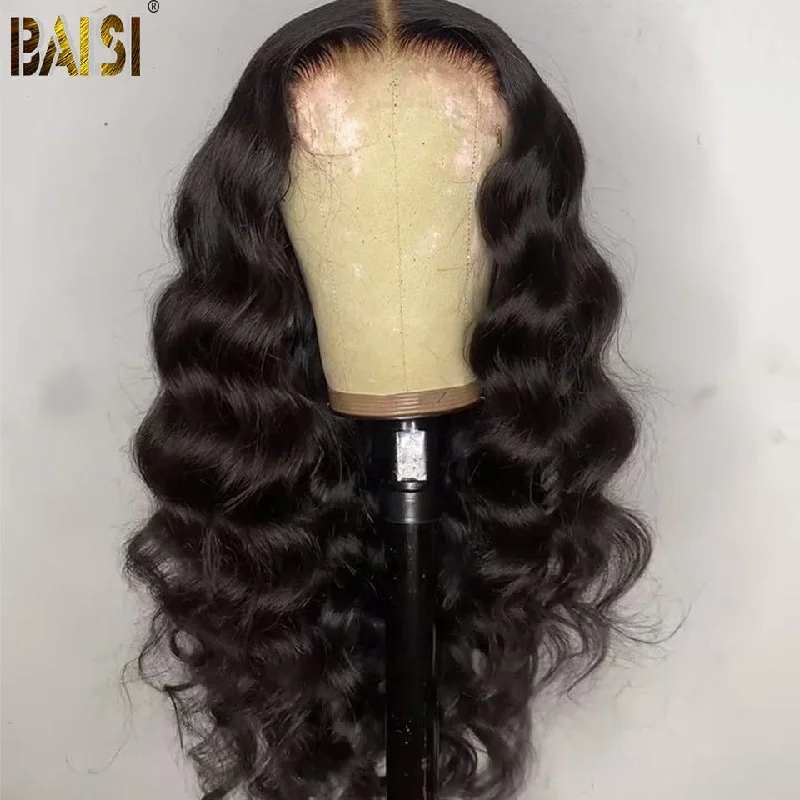 medium-length curly wigs for natural texture -BAISI 10A 210% Density Natural Wave Wig