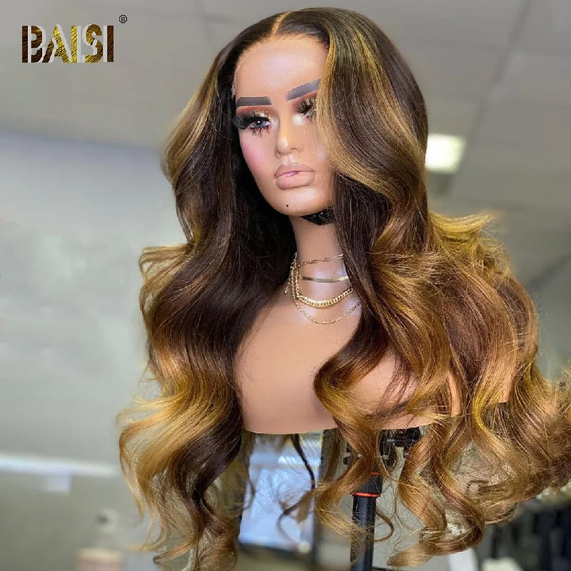 voluminous wavy wigs for beachy, carefree vibes -BAISI #1B/30 Color Lace Highlight Wig Bleached Knots