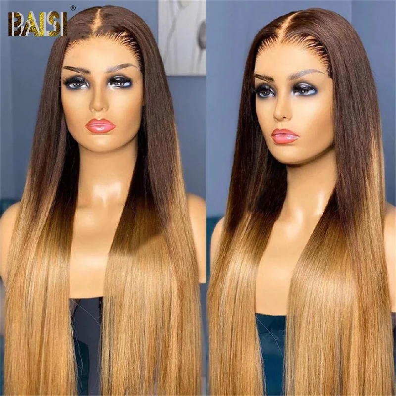 long straight wigs for polished and professional styling -BAISI #1B/4mix27 Straight  Wig Bleached Knots