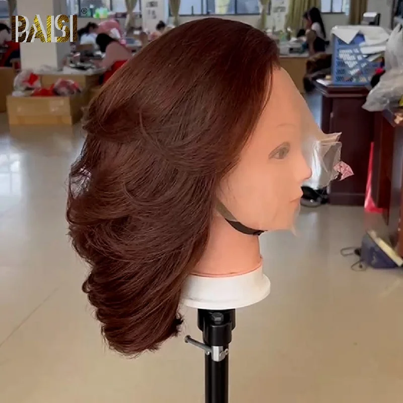 curly lace wigs for more defined curls and volume -BAISI 250% Density Brown Bouncy Wavy BoB Wig