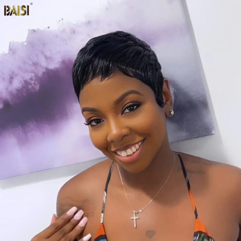 affordable wigs for all-day comfort and style -Baisi $49 PIXIE Tapered Cut Machine Made Wig