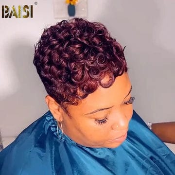 natural curly wigs for a soft and defined texture -Baisi $49 Wholesale Price Pixie Dark Puple Finger Wave Machine Made Wig