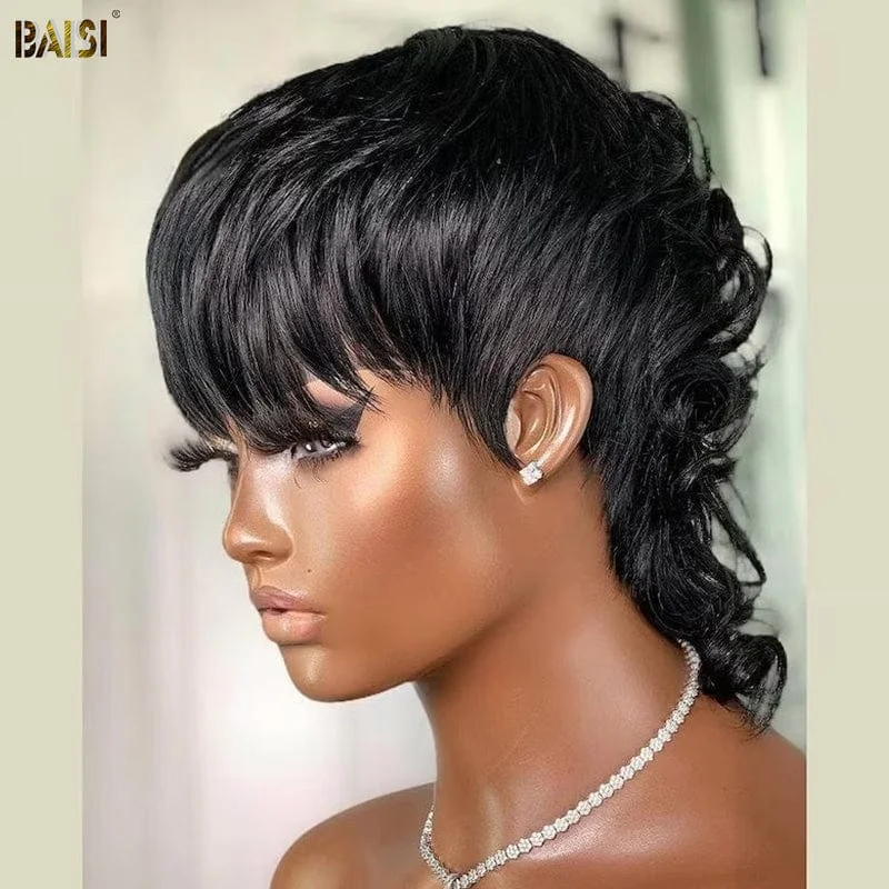 voluminous curly wigs for fuller, thicker hair -Baisi $49 Wholesale Price Stunning Mullet Wig with Bangs