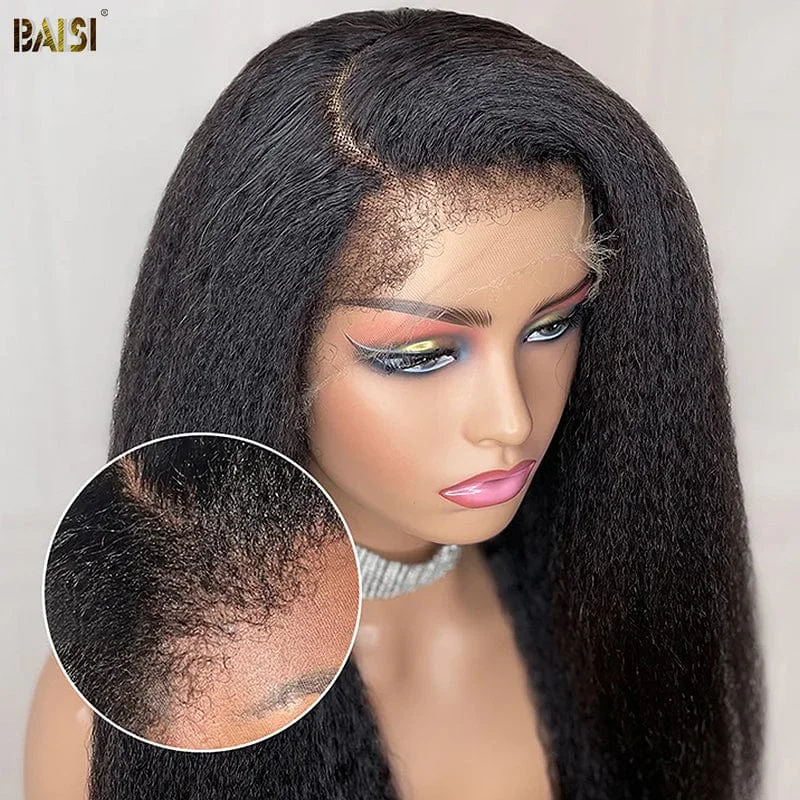 medium length wavy wigs for natural texture -BAISI 4C Hairline 13x4 HD Lace Front Wig