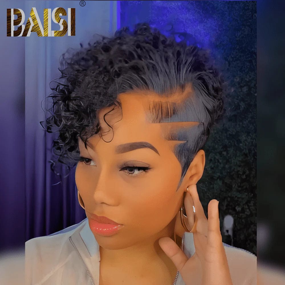 wigs for women with round faces for flattering styles -Baisi $79 Wholesale Price Sexy Side Part Short Curly Wig