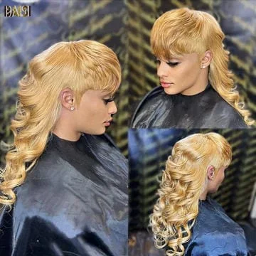 curly bob wigs for a youthful and stylish appearance -Baisi $89 Wholesale Price Honey Blonde Wavy Mullet Glueless Wig