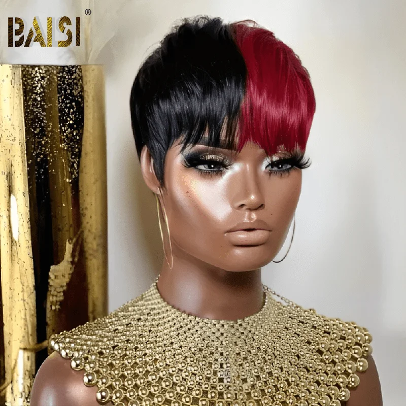 voluminous curly wigs for a bold, textured look -BAISI Black With Wine Short Cut Wig