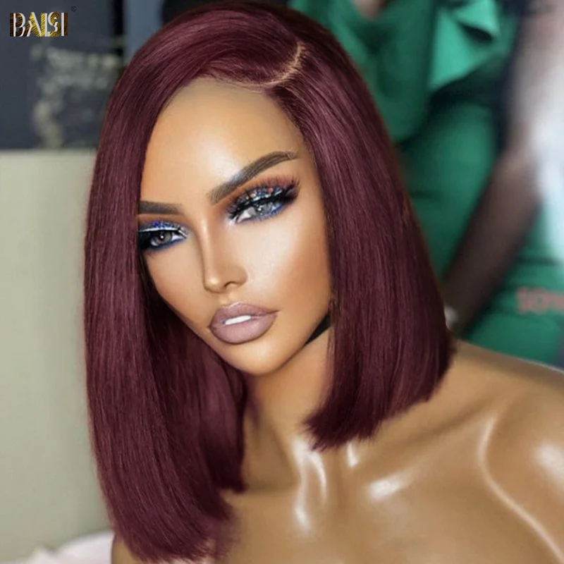 full lace wigs for all-day comfort and styling -BAISI Burgundy Straight Lace BoB Wig