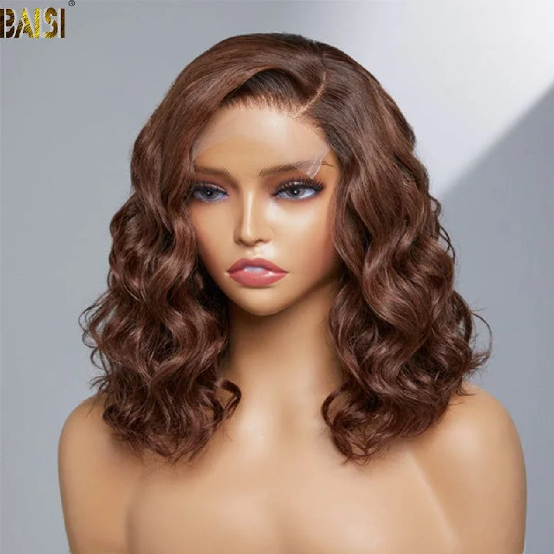 medium-length wigs for easy and versatile styling -BAISI Chocolate Light Brown Wavy Closure Wig