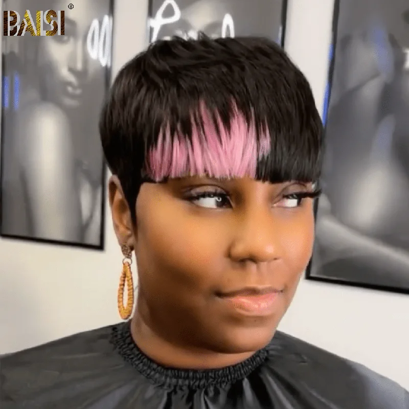 medium-length wigs for easy and versatile styling -BAISI Cute Pixie Short Cut With Pink Wig