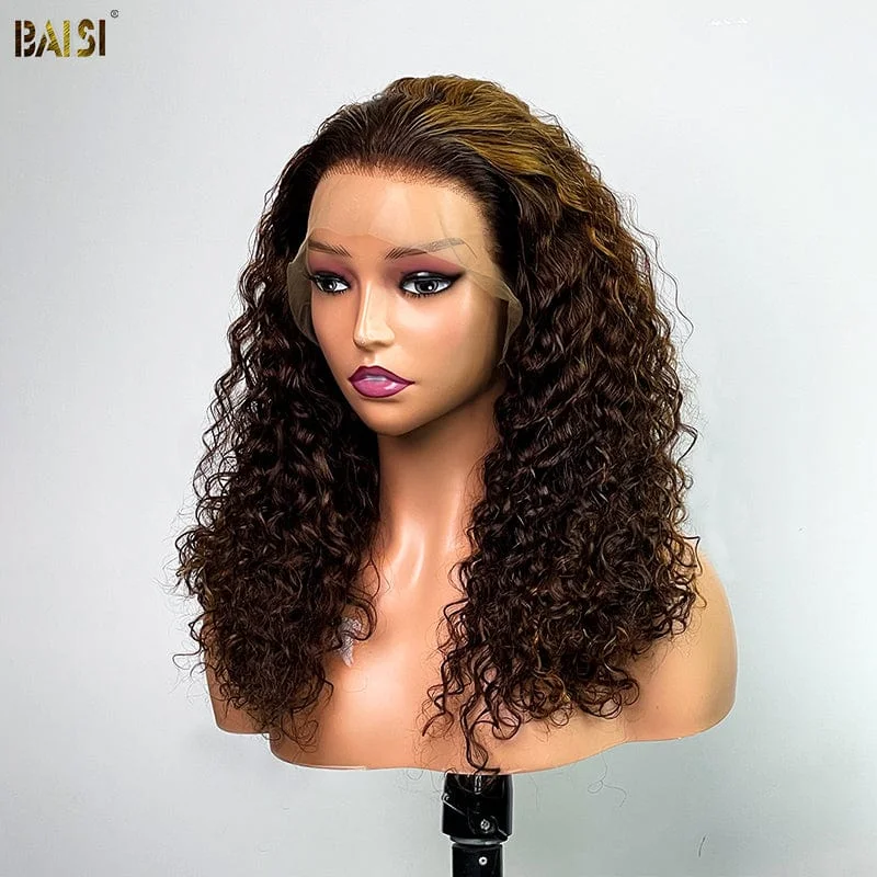 medium-length straight wigs for chic, low-maintenance styles -BAISI Double Drawn Highlight Curly Lace Wig