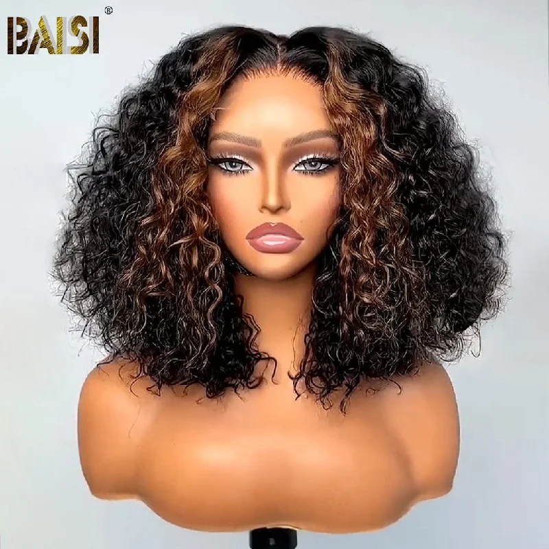 short curly wigs for a fun, effortless look -BAISI Fashion Highlight Honey Blonde Culy BoB Wig