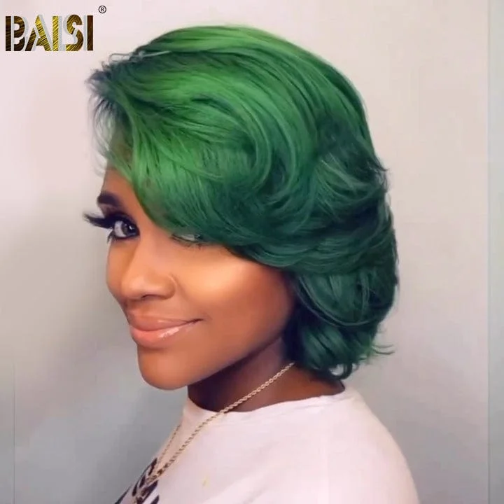 curly wigs for women with thick, voluminous hair -BAISI Fashion Side Part Dark Green Wig