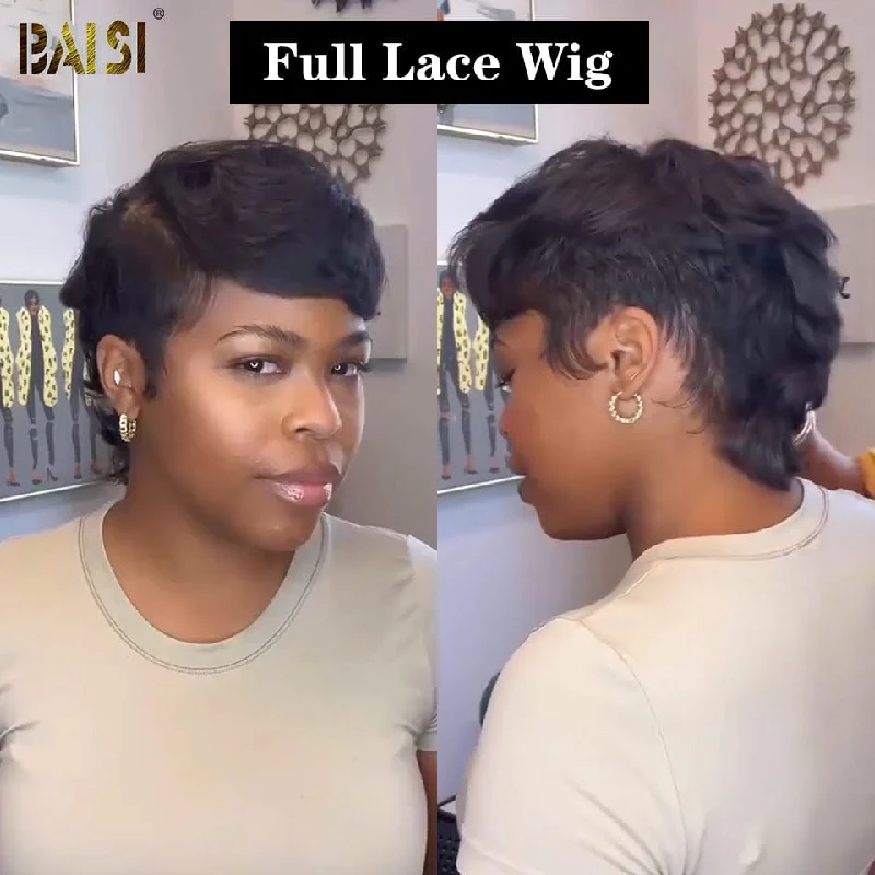 curly pixie wigs for a fresh and trendy style -BAISI Full Lace Mullet Straight Wig