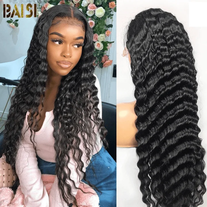 voluminous wigs for thick, full hair -BAISI 12A Bleached Knots Deep Wave Wig Pre plucked