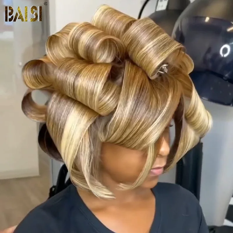 natural curly wigs for a soft and defined texture -Baisi Golden Brown Straight BoB Wig