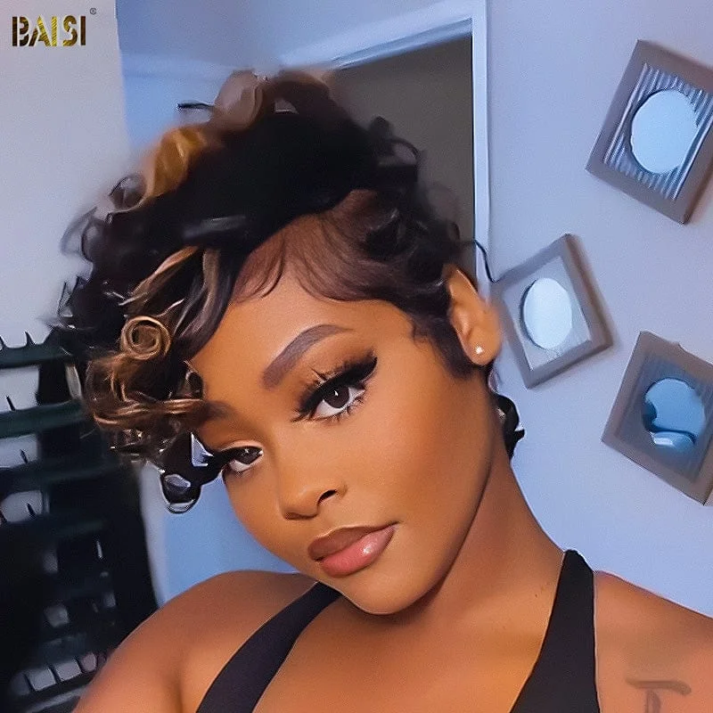 voluminous pixie wigs for a chic, modern appearance -BAISI Highlight Finger Wave Lace Wig