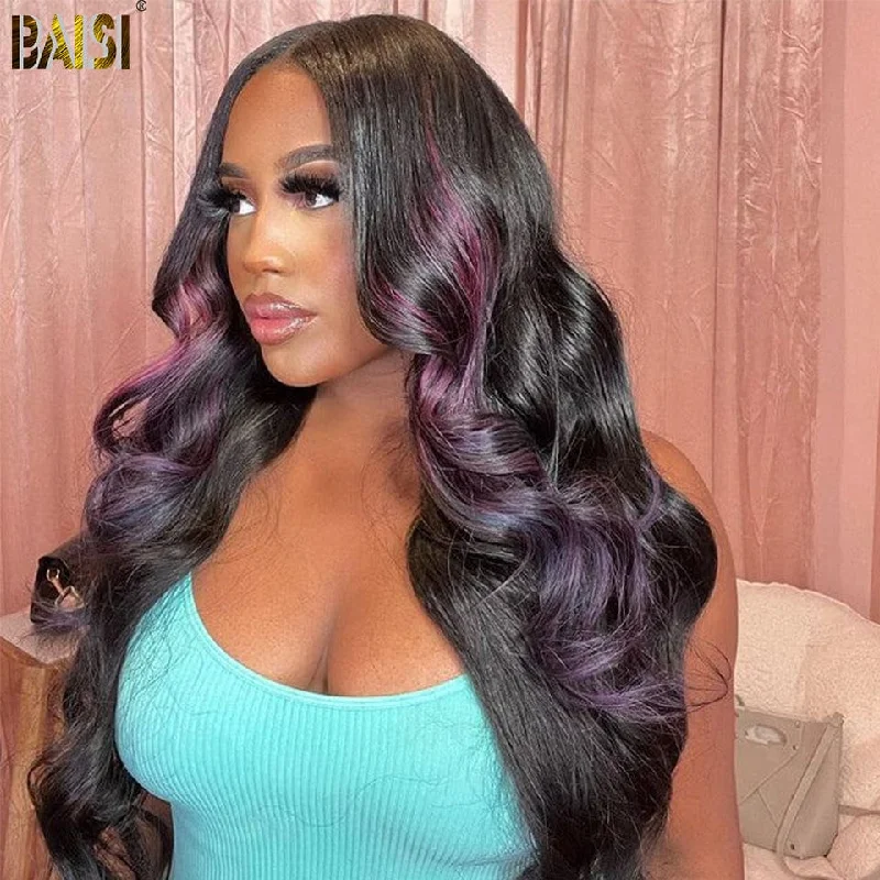 sleek long wigs for a smooth, polished finish -BAISI Highlight Purple Color Hair Wavy Wigs