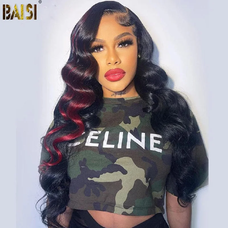 trendy pixie wigs for bold and modern looks -BAISI  Highlight Red Color Body Wave Wig